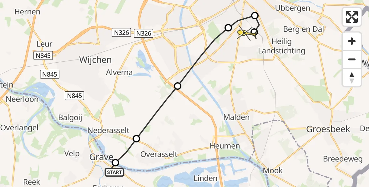 Routekaart van de vlucht: Lifeliner 3 naar Radboud Universitair Medisch Centrum, Kleefse Veerstraat