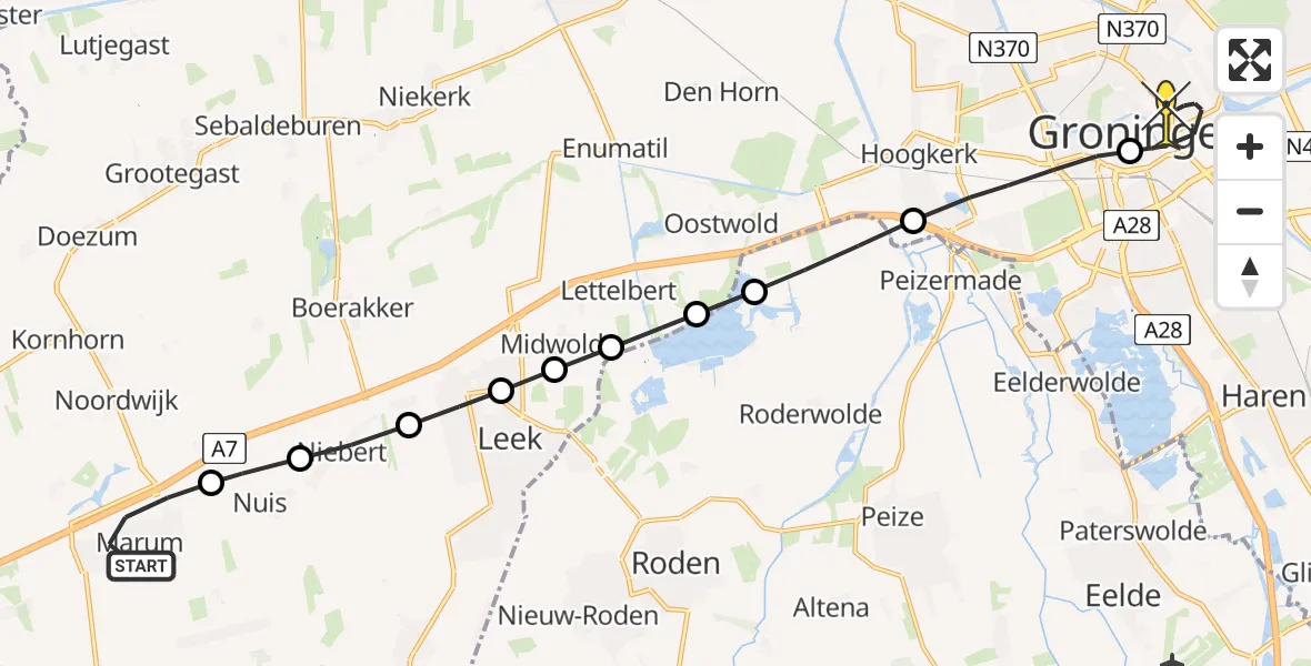 Routekaart van de vlucht: Lifeliner 4 naar Universitair Medisch Centrum Groningen, Noorderringweg