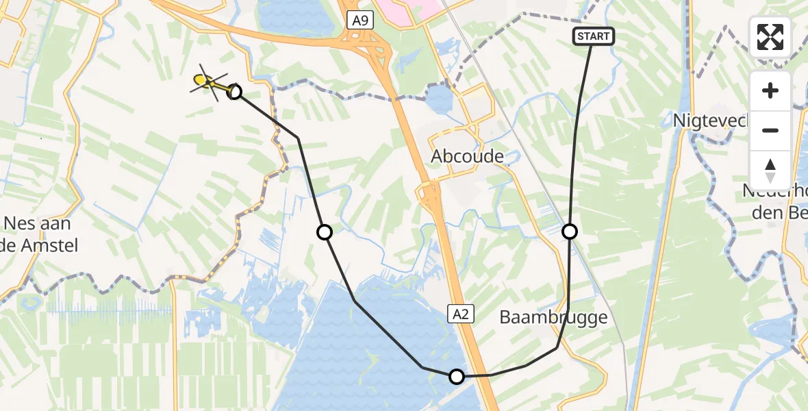 Routekaart van de vlucht: Politiehelikopter naar Ouderkerk aan de Amstel, Gein-Noord