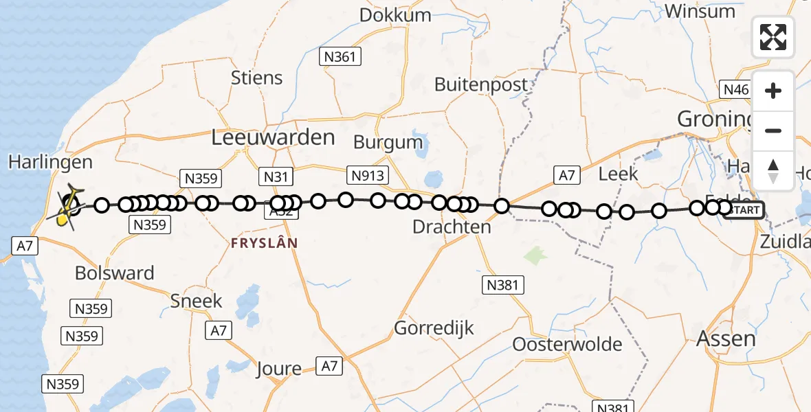 Routekaart van de vlucht: Lifeliner 4 naar Pingjum, Eskampenweg