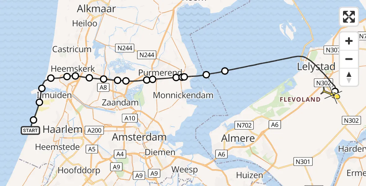 Routekaart van de vlucht: Ambulanceheli naar Lelystad Airport, F2-noord-Strandafgang Boulevard Barnaart