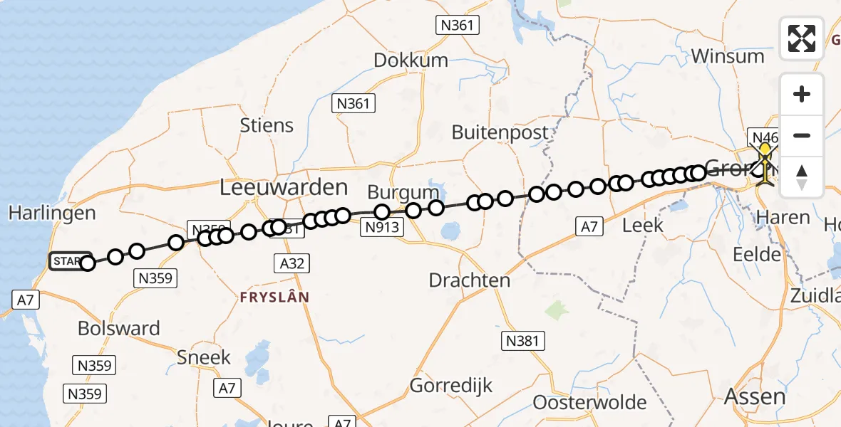 Routekaart van de vlucht: Lifeliner 4 naar Universitair Medisch Centrum Groningen, Hanialaan