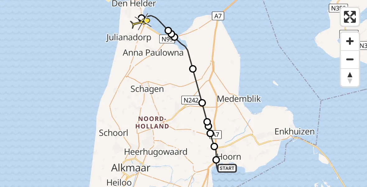 Routekaart van de vlucht: Kustwachthelikopter naar Vliegveld De Kooy, Aanleg oeverdijk Markermeerdijk Hoorn-Schardam en aanleg Stadsstrand Hoorn (gereed 2023)