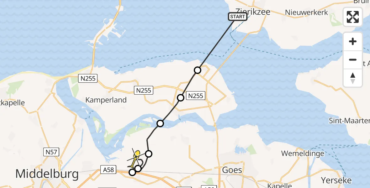 Routekaart van de vlucht: Politieheli naar Vliegveld Midden-Zeeland, 't Luitje