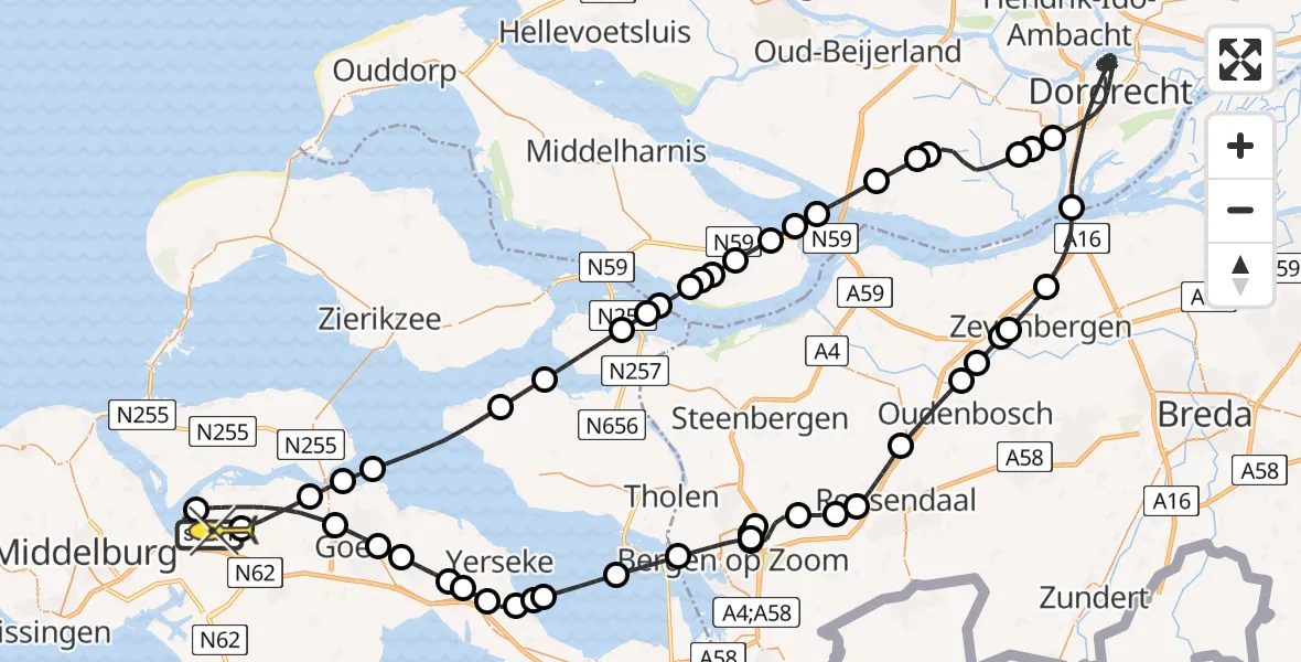 Routekaart van de vlucht: Politieheli naar 's-Heer Arendskerke, Calandweg