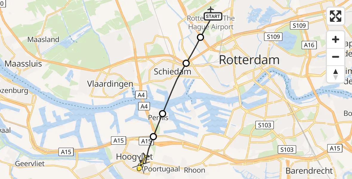 Routekaart van de vlucht: Lifeliner 2 naar Hoogvliet, Van der Duijn van Maasdamweg