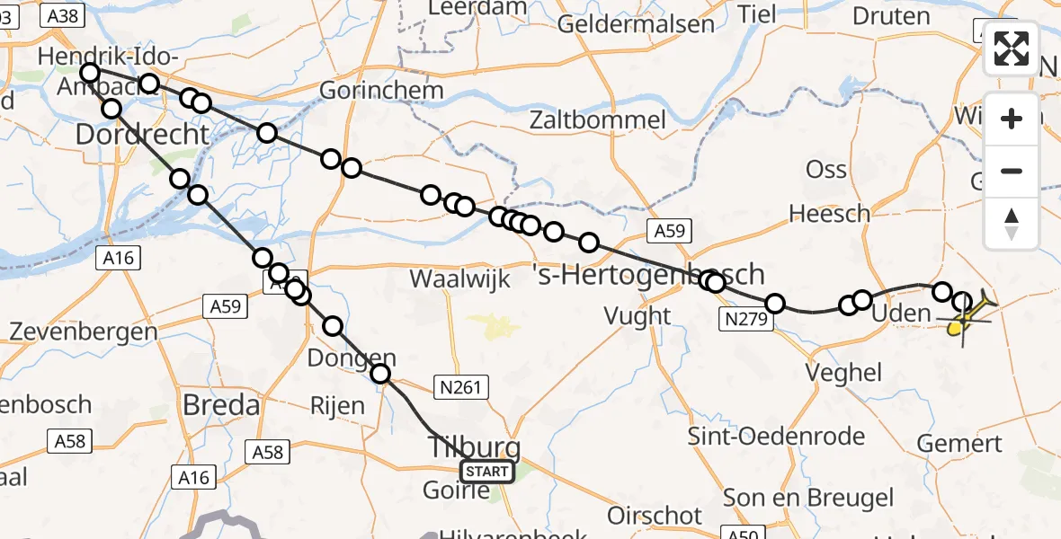 Routekaart van de vlucht: Lifeliner 3 naar Vliegbasis Volkel, Ezelvense Akkers