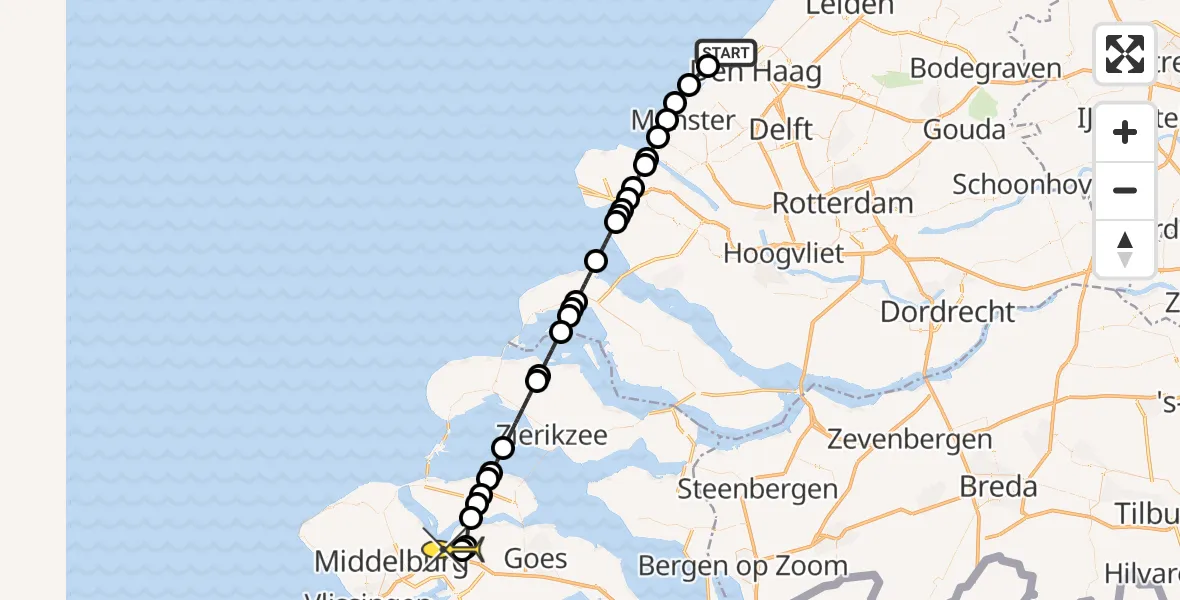 Routekaart van de vlucht: Kustwachthelikopter naar Vliegveld Midden-Zeeland, Zuidelijk havenhoofd