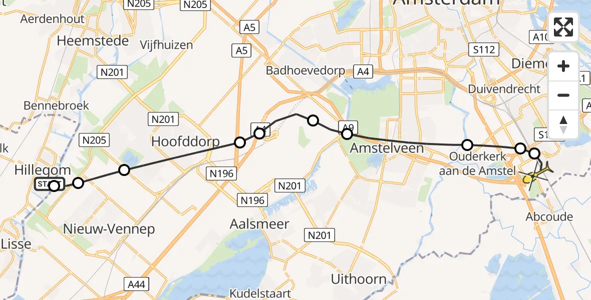 Routekaart van de vlucht: Lifeliner 1 naar Academisch Medisch Centrum (AMC), Drie Merenweg