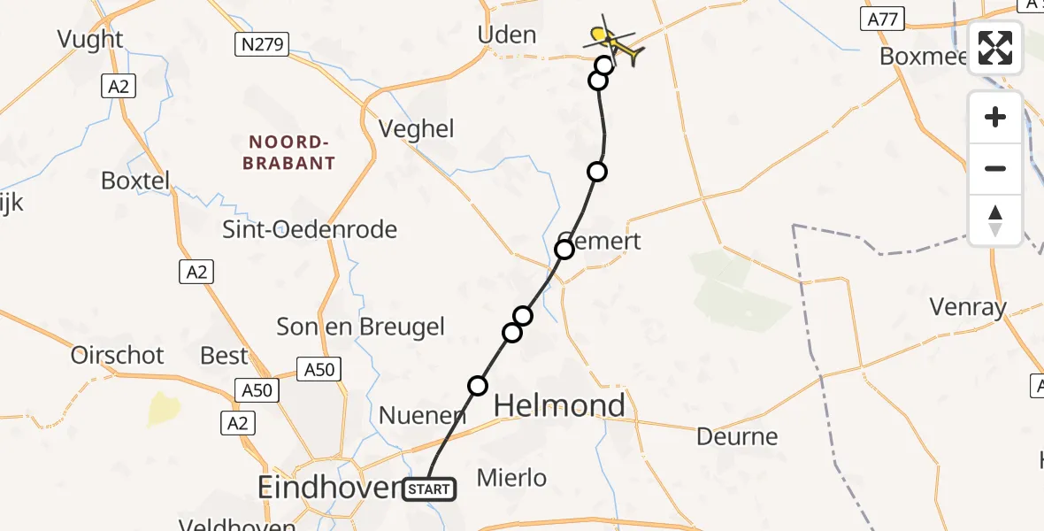 Routekaart van de vlucht: Lifeliner 3 naar Vliegbasis Volkel, De Huufkes