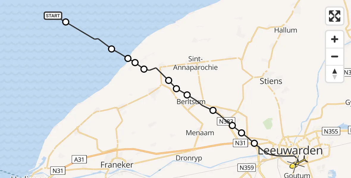 Routekaart van de vlucht: Ambulanceheli naar Leeuwarden, Borniastraat