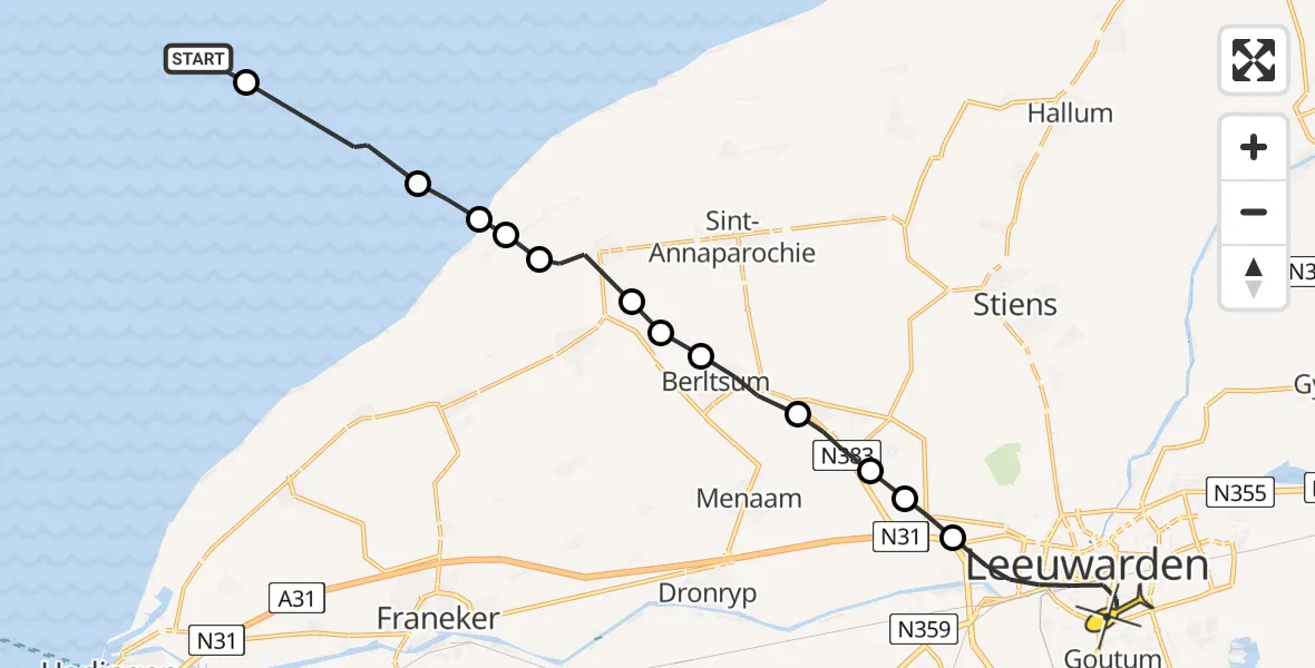 Routekaart van de vlucht: Ambulancehelikopter naar Leeuwarden, Borniastraat
