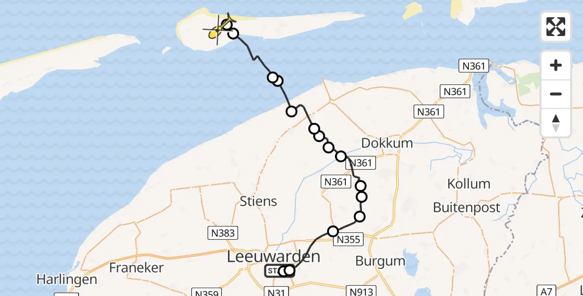 Routekaart van de vlucht: Ambulanceheli naar Ameland Airport Ballum, Ereprijs