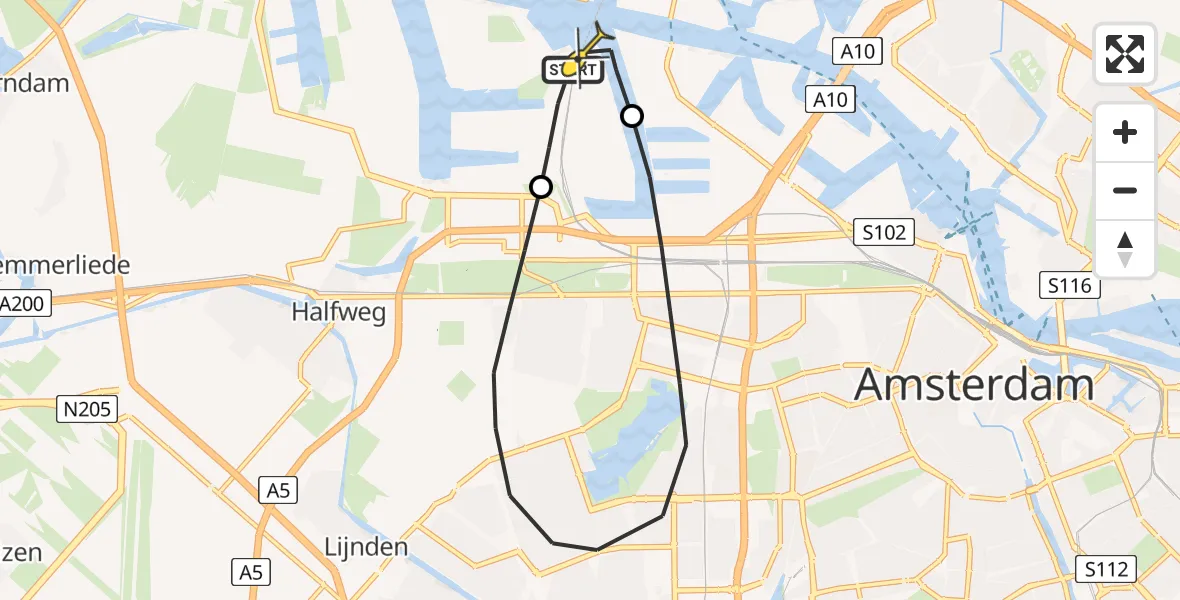 Routekaart van de vlucht: Lifeliner 1 naar Amsterdam Heliport, Nieuw-Zeelandweg