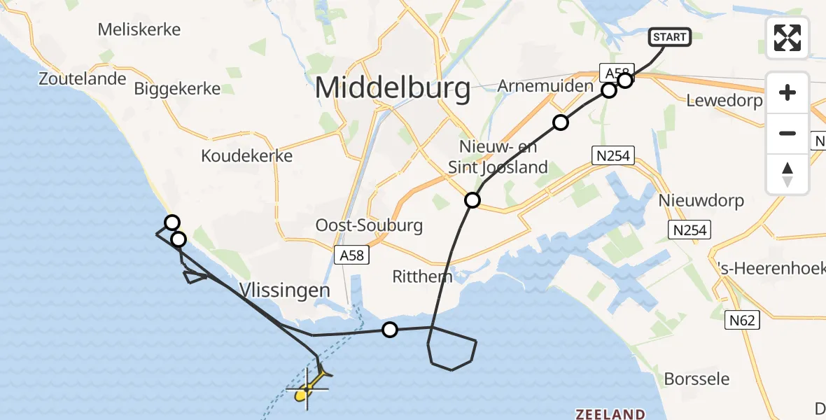 Routekaart van de vlucht: Kustwachthelikopter naar Vlissingen, Postweg