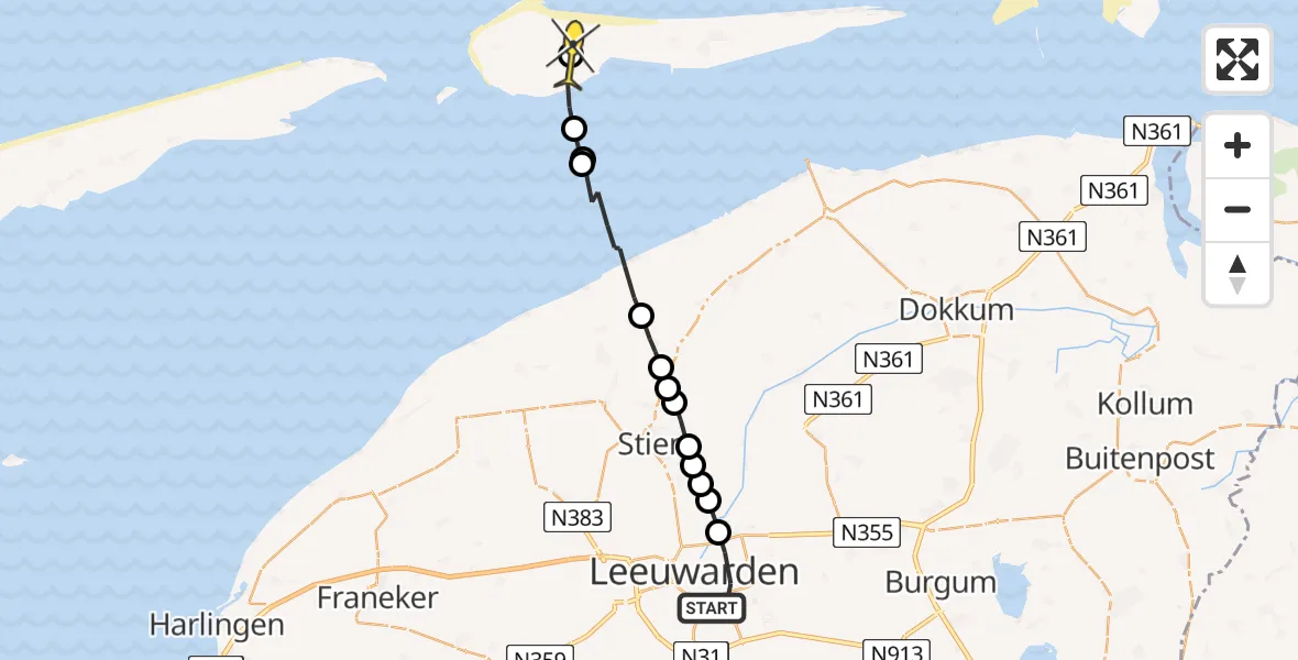 Routekaart van de vlucht: Ambulanceheli naar Ameland Airport Ballum, Ouddeelstraat