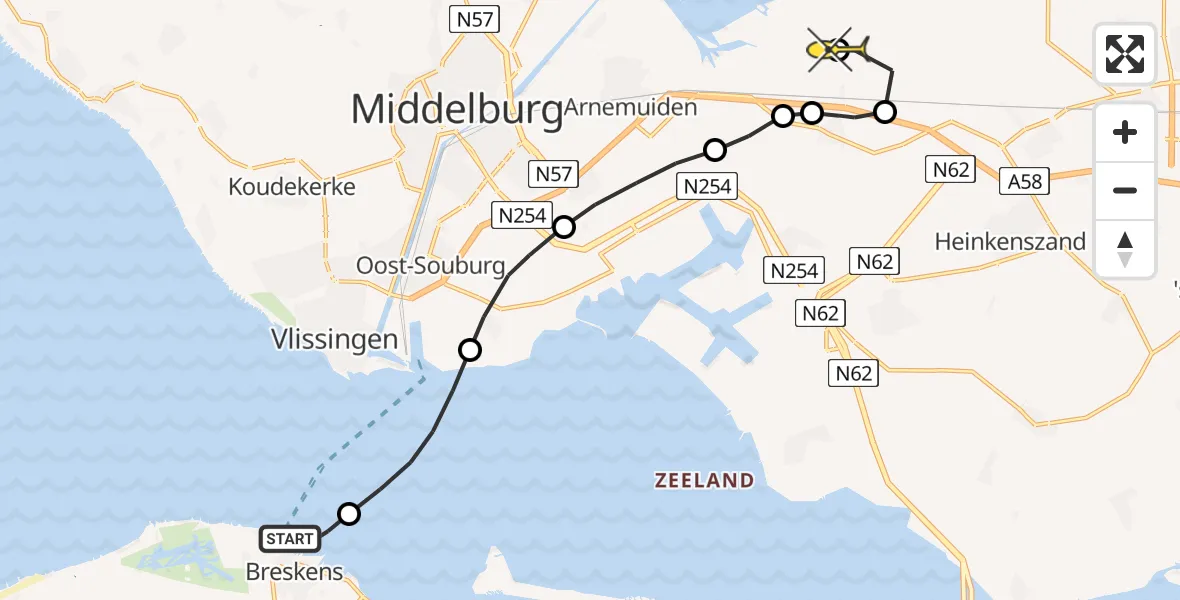 Routekaart van de vlucht: Kustwachthelikopter naar Vliegveld Midden-Zeeland, Pietweg