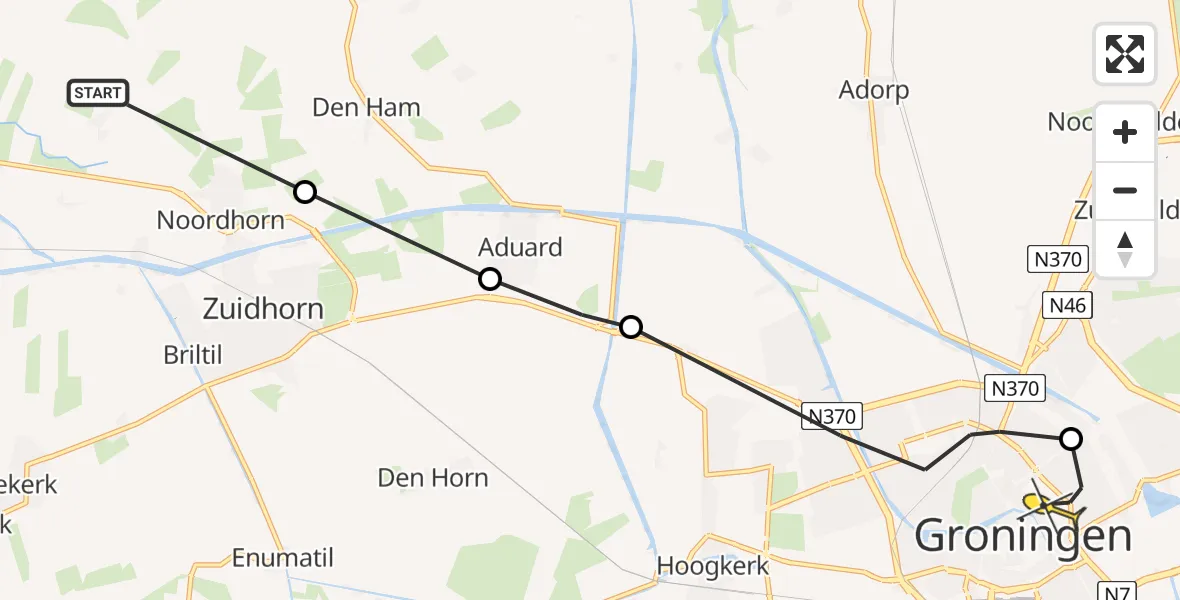 Routekaart van de vlucht: Ambulanceheli naar Universitair Medisch Centrum Groningen, Spanjaardsdijk Noord