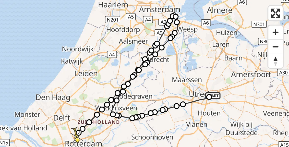 Routekaart van de vlucht: Lifeliner 2 naar Rotterdam The Hague Airport, UMC Ambulancetunnel