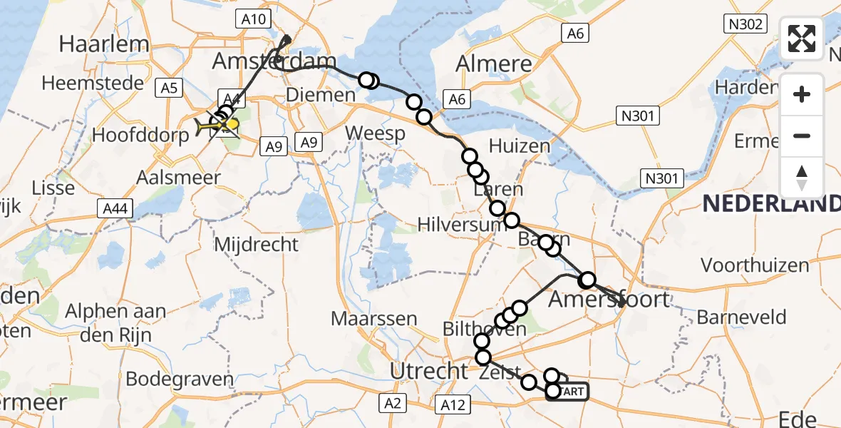 Routekaart van de vlucht: Politieheli naar Schiphol, Waterlooweg