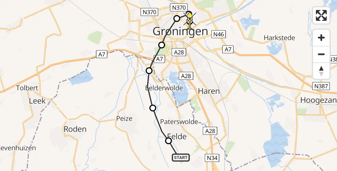 Routekaart van de vlucht: Ambulanceheli naar Universitair Medisch Centrum Groningen, Oosterloop