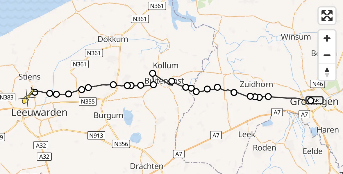 Vluchtroute Ambulancehelikopter van Universitair Medisch Centrum Groningen naar Vliegbasis Leeuwarden