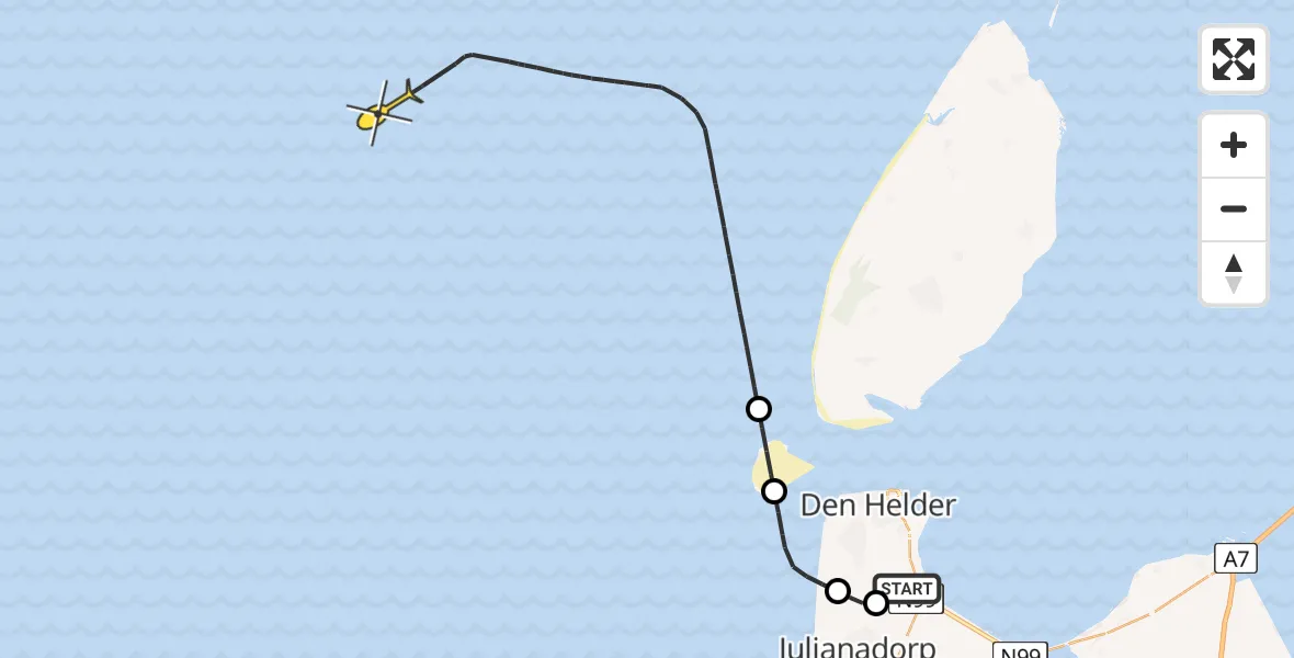 Vluchtroute Kustwachthelikopter van Vliegveld De Kooy naar 