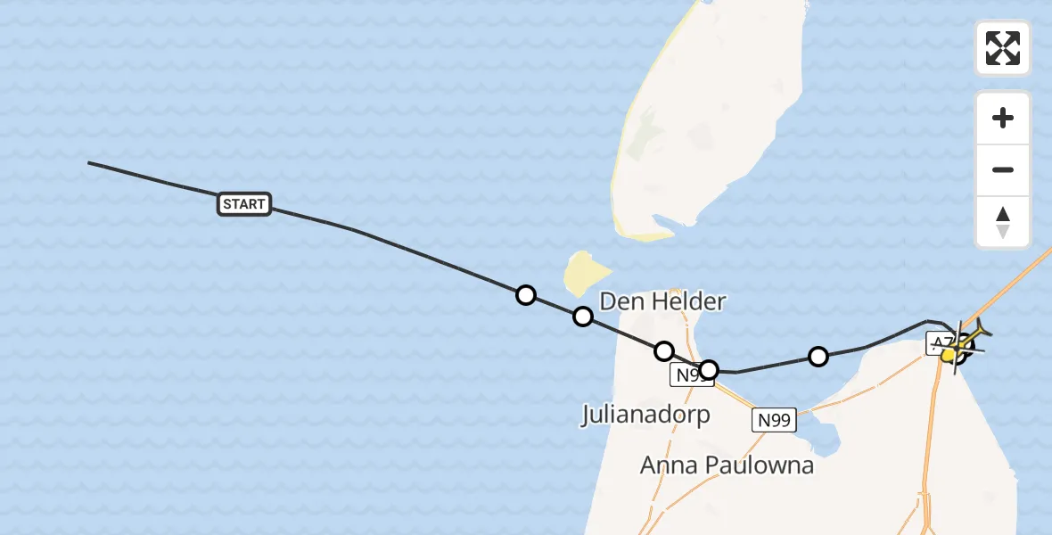 Routekaart van de vlucht: Kustwachthelikopter naar Wieringerwerf, Afsluitdijk