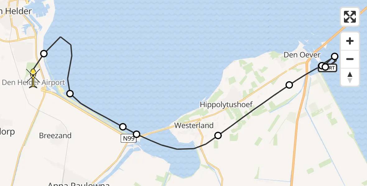 Routekaart van de vlucht: Kustwachthelikopter naar Vliegveld De Kooy, Luchthavenweg