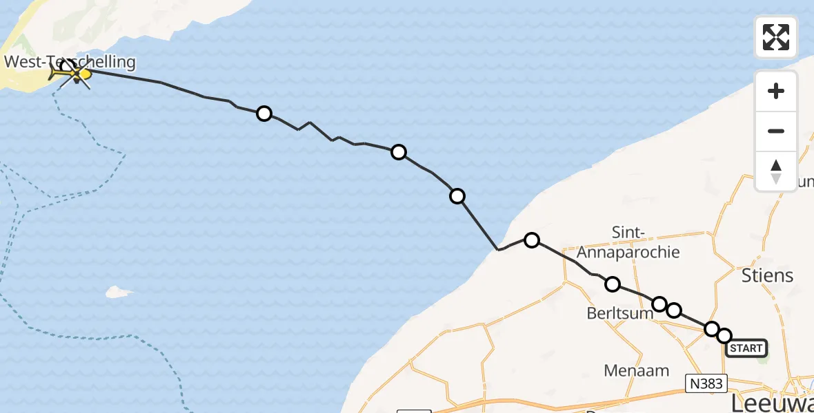 Routekaart van de vlucht: Ambulanceheli naar West-Terschelling, Nijlânsdyk