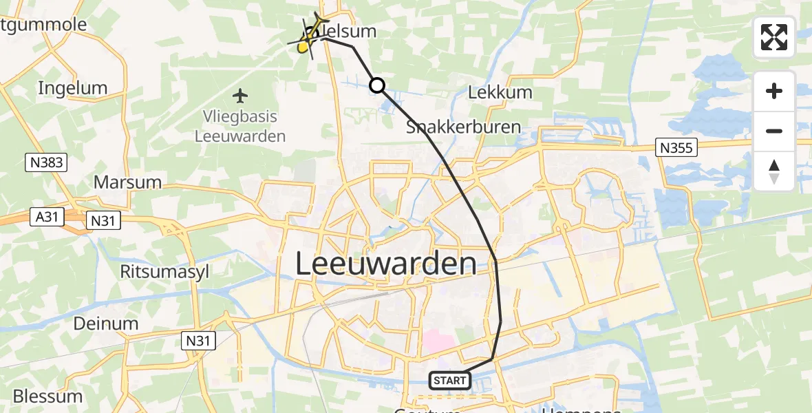 Vluchtroute Ambulancehelikopter van Leeuwarden naar Vliegbasis Leeuwarden