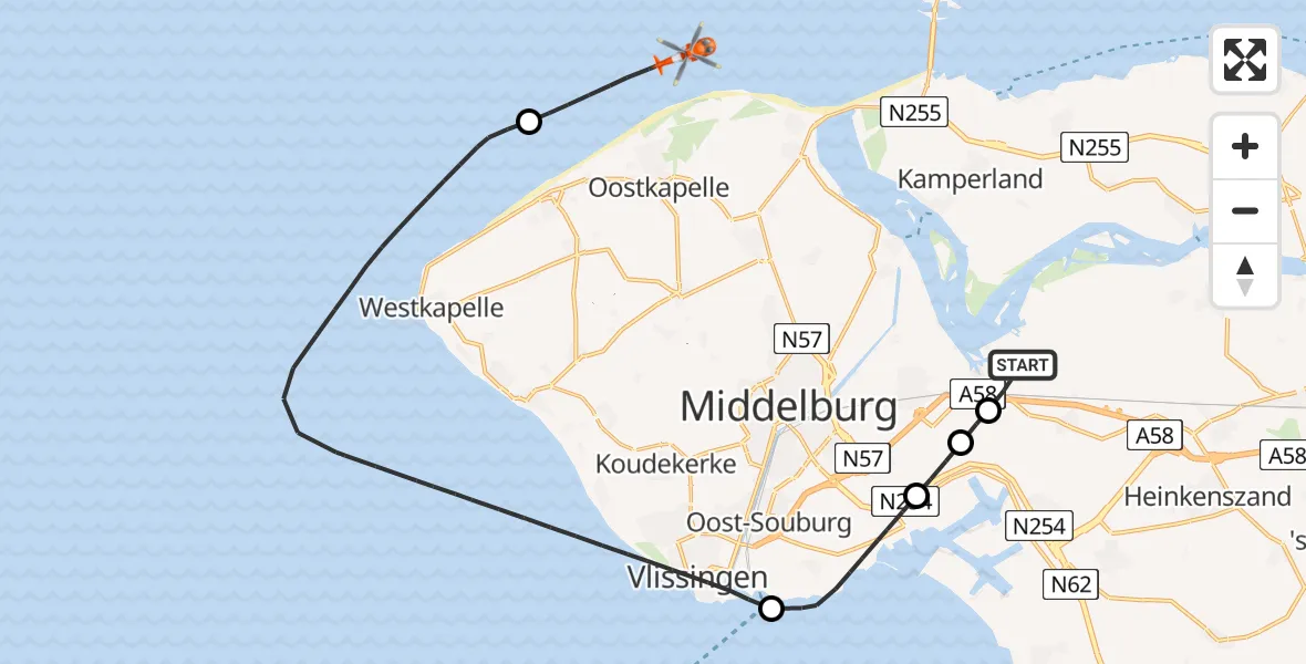 Vluchtroute Kustwachthelikopter Vliegveld Midden-Zeeland - , 26 augustus 2024, 17:30