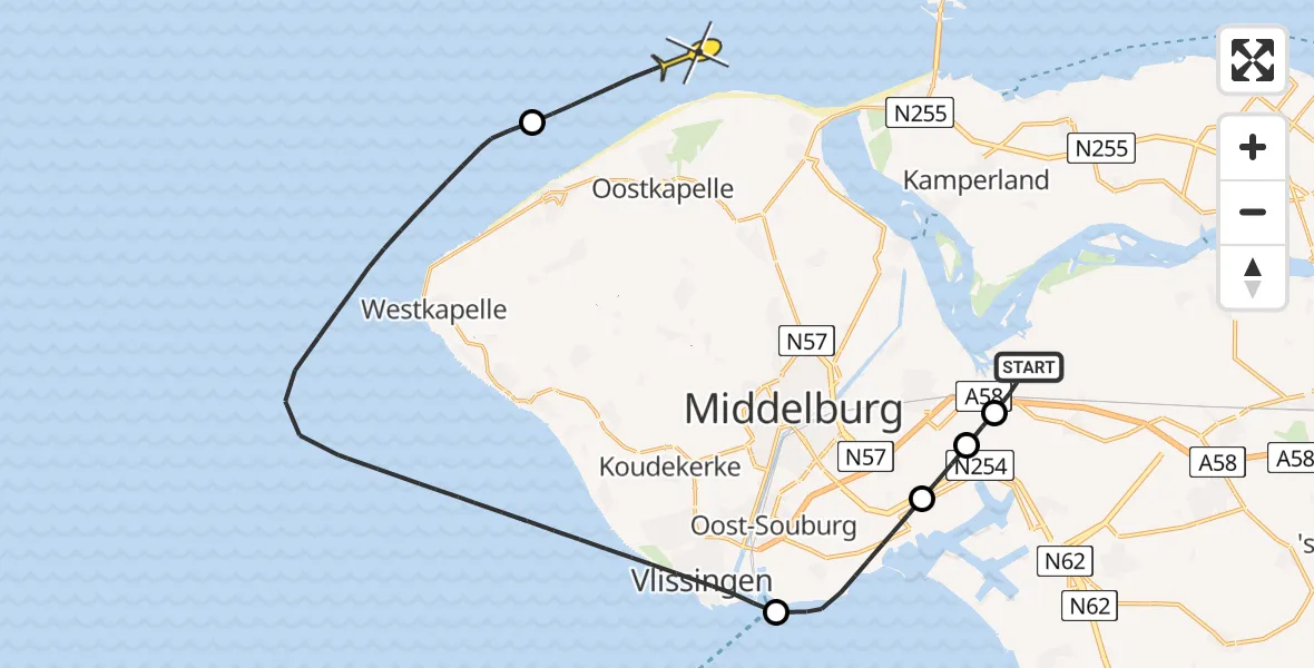 Routekaart van de vlucht: Kustwachthelikopter naar Quarlespolderweg