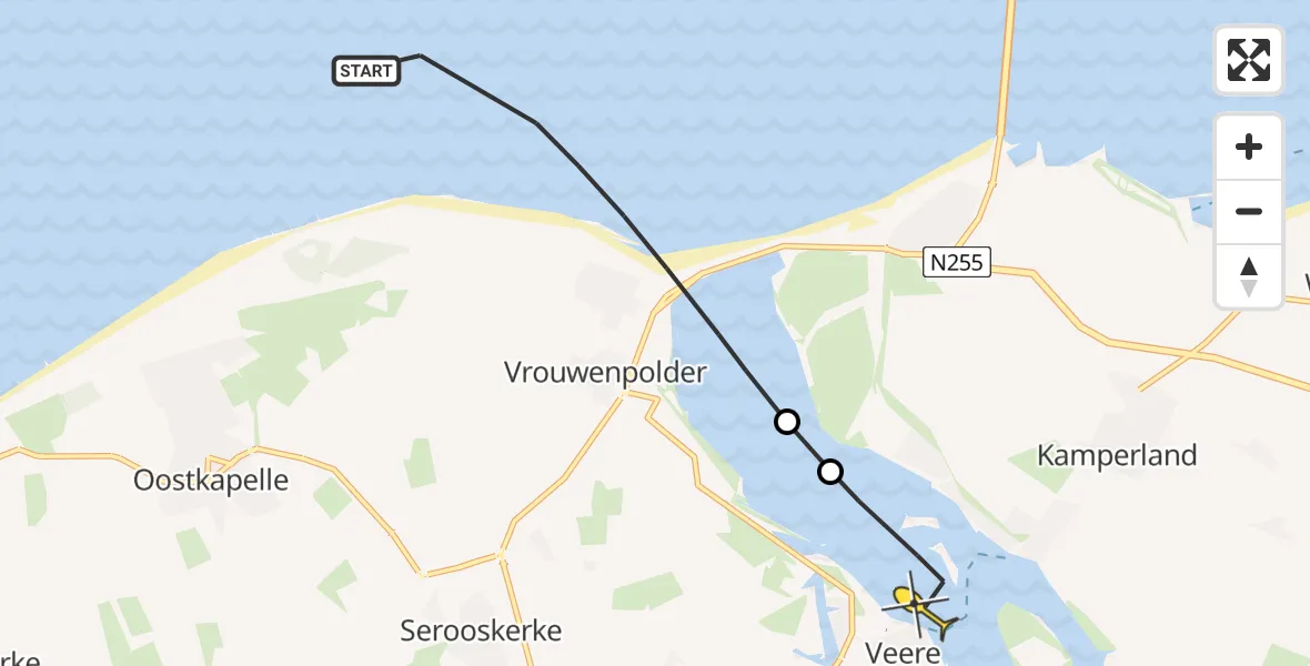 Routekaart van de vlucht: Kustwachthelikopter naar Veere, Strand Vrouwenpolder