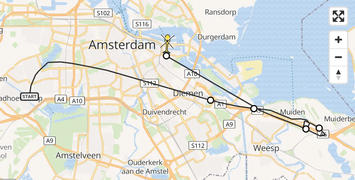 Routekaart van de vlucht: Politieheli naar Amsterdam, Hoekenes