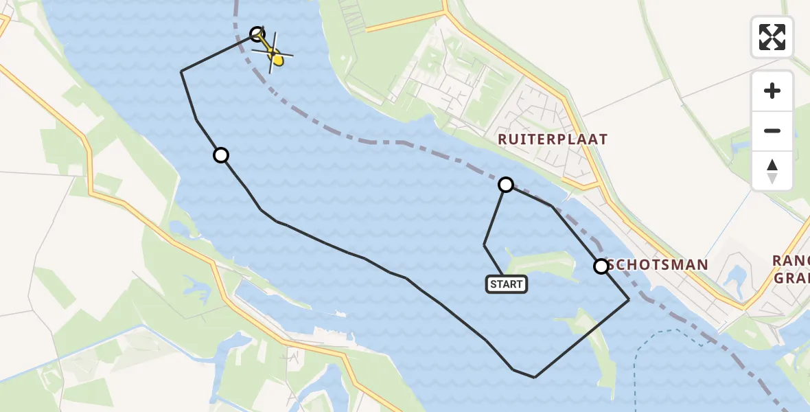 Routekaart van de vlucht: Kustwachthelikopter naar Kamperland, Schutteplaat