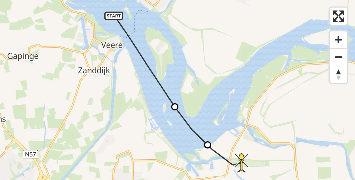 Routekaart van de vlucht: Kustwachthelikopter naar Vliegveld Midden-Zeeland, Mauritsbolwerk