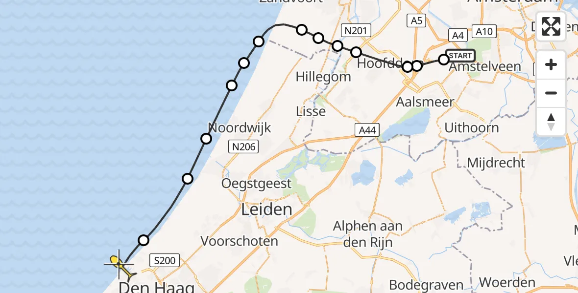 Routekaart van de vlucht: Politieheli naar Den Haag, Amsterdam-Bataviaweg