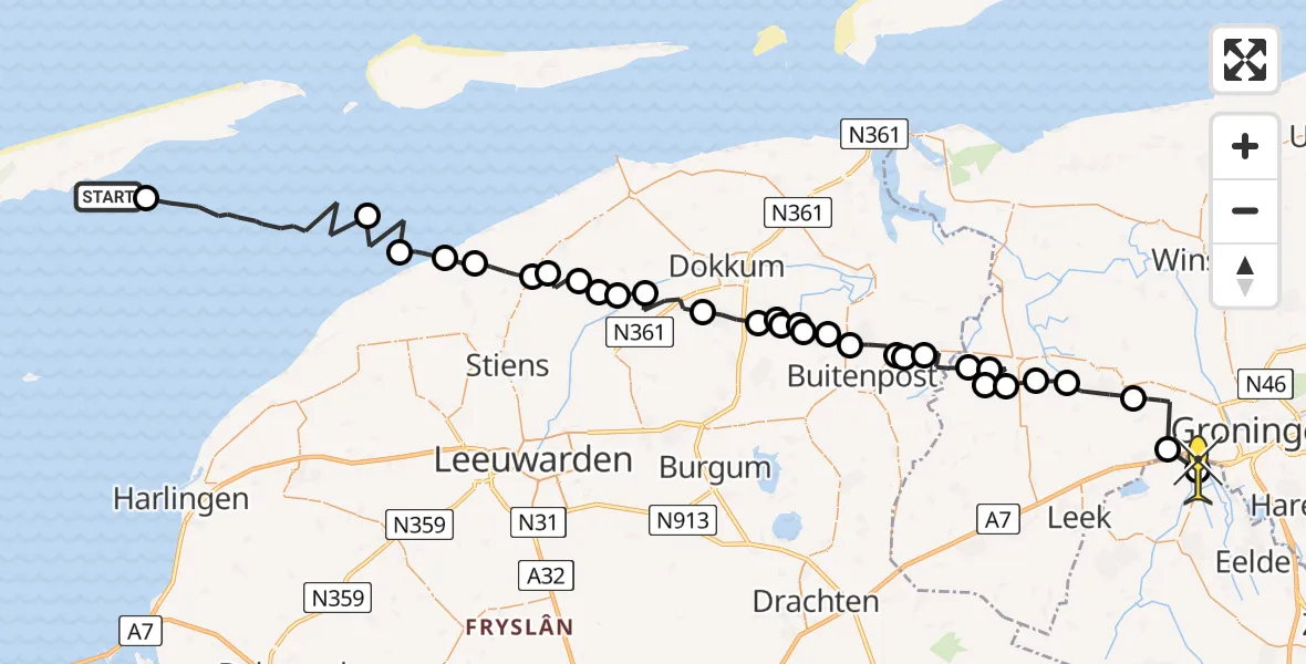 Routekaart van de vlucht: Ambulancehelikopter naar Peize, Gouw