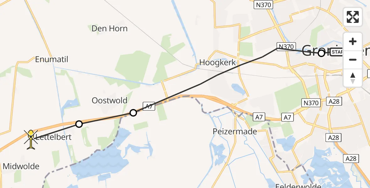 Routekaart van de vlucht: Ambulancehelikopter naar Midwolde, Jan Lutmastraat