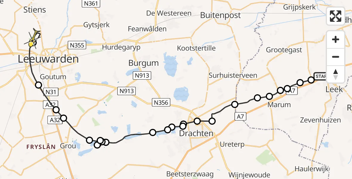 Routekaart van de vlucht: Ambulanceheli naar Vliegbasis Leeuwarden, Roordaweg