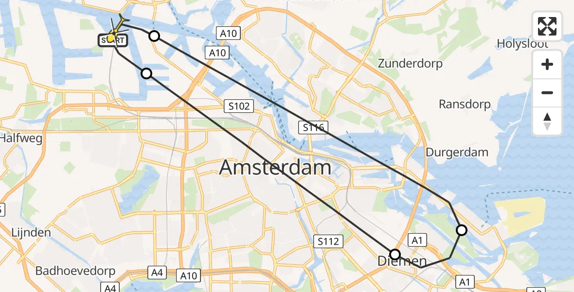 Routekaart van de vlucht: Lifeliner 1 naar Amsterdam Heliport, Westhaven