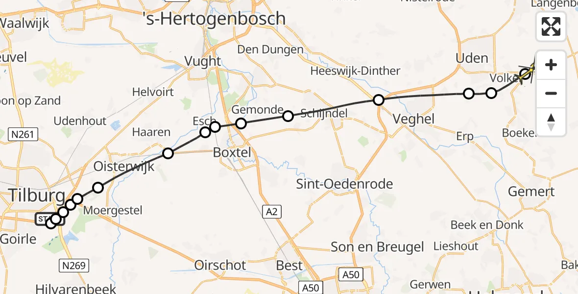 Routekaart van de vlucht: Lifeliner 3 naar Vliegbasis Volkel, Hilvarenbeekseweg