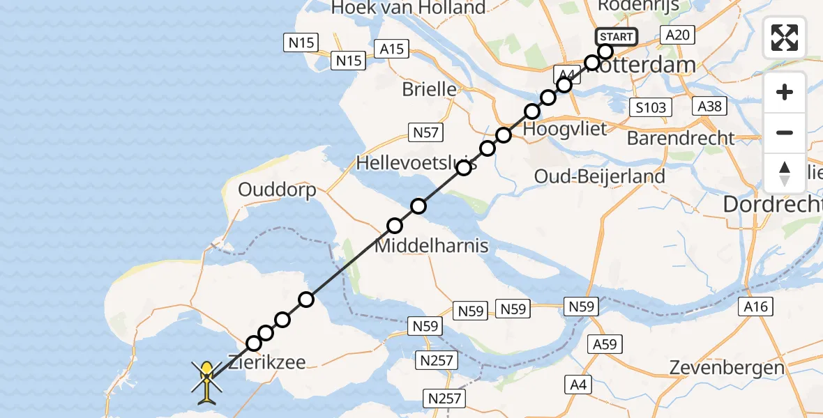 Routekaart van de vlucht: Lifeliner 2 naar Zierikzee, Rijs-en-daalpad