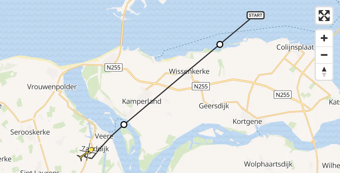 Routekaart van de vlucht: Lifeliner 2 naar Veere, Zandhoekweg