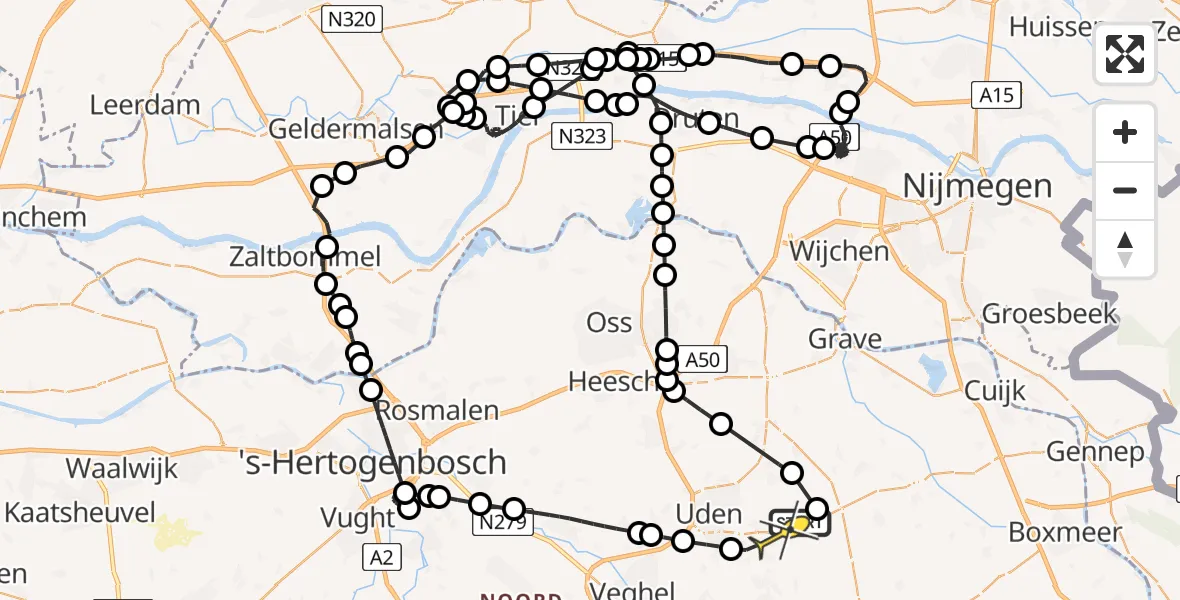 Routekaart van de vlucht: Politieheli naar Vliegbasis Volkel, Zeelandsedijk