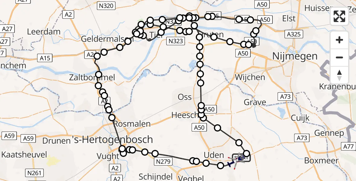 Vluchtroute Politiehelikopter van Vliegbasis Volkel naar Vliegbasis Volkel