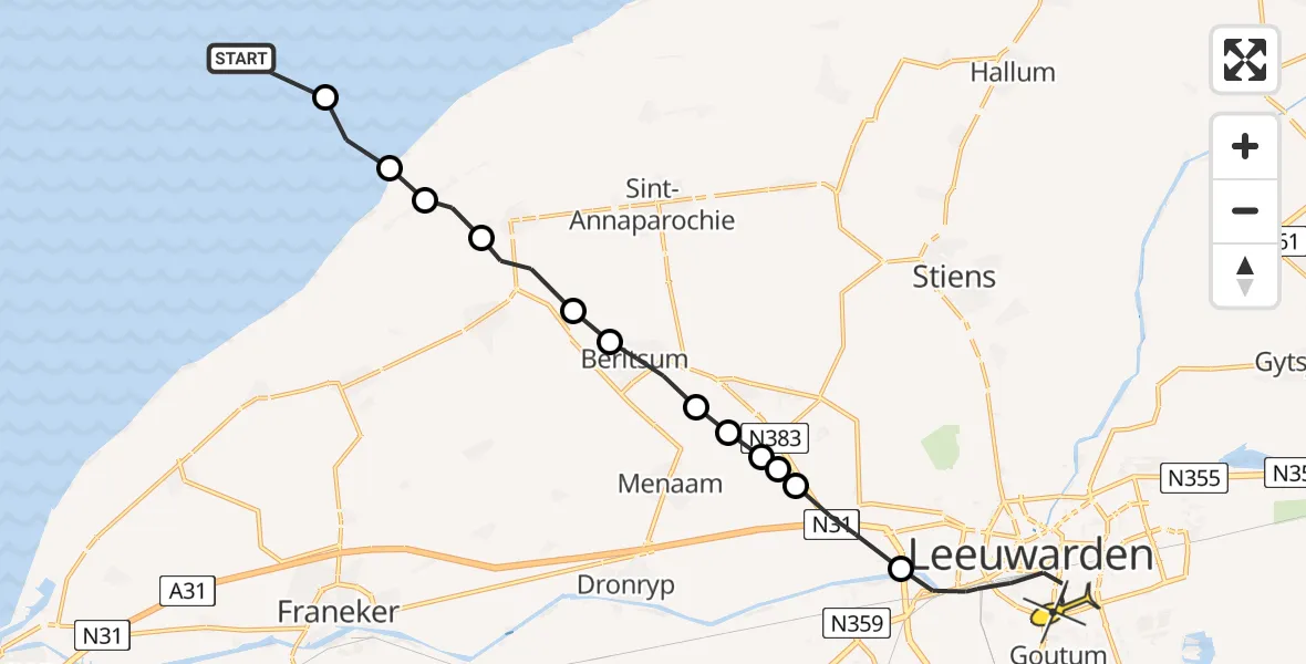 Routekaart van de vlucht: Ambulanceheli naar Leeuwarden, Aldlânsdyk