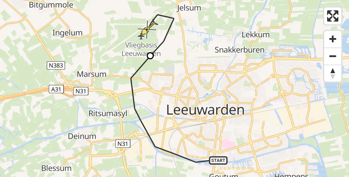 Vluchtroute Ambulancehelikopter van Leeuwarden naar Vliegbasis Leeuwarden