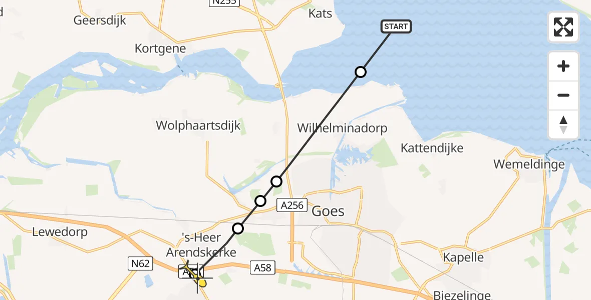 Routekaart van de vlucht: Lifeliner 2 naar 's-Heer Abtskerke, Oosterscheldedijk